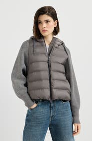 Brunello Cucinelli Water-resistant matte nylon hooded down jacket with monili and sleeves in virgin wool, cashmere and silk knit