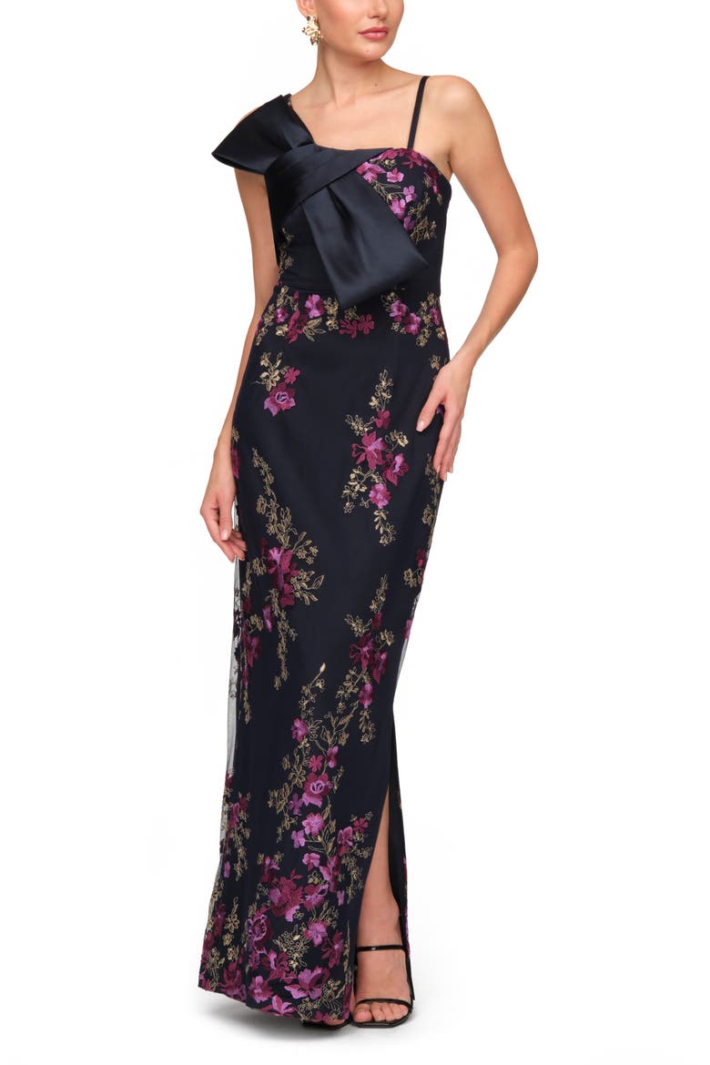 Piper Bow Embroidered Evening Gown, Main, color, MAGENTA/ NAVY