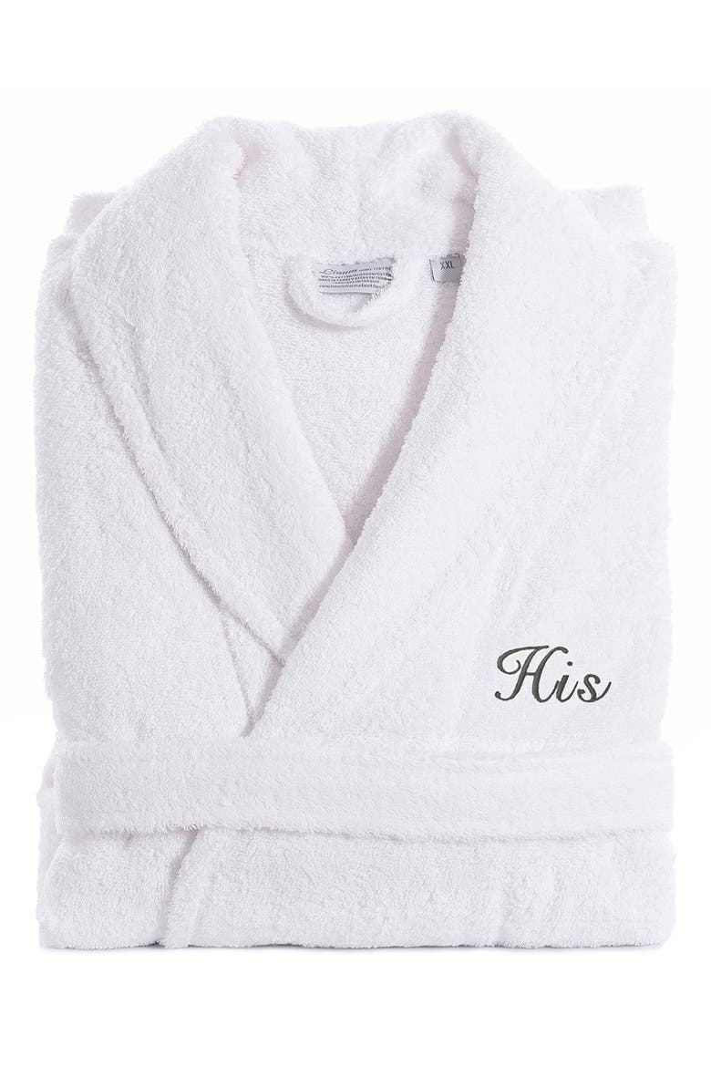 Embroidered 'His' Terry Bathrobe, Alternate, color, WHITE