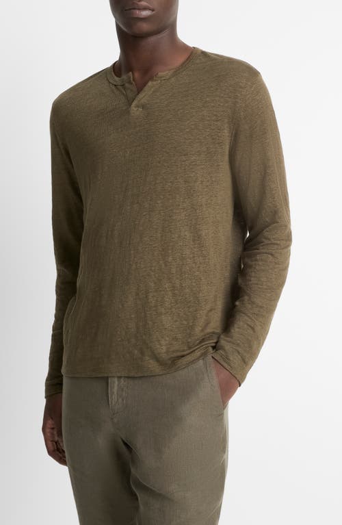 Vince Notch Neck Long Sleeve Slub Linen T-shirt In Olive Leaf