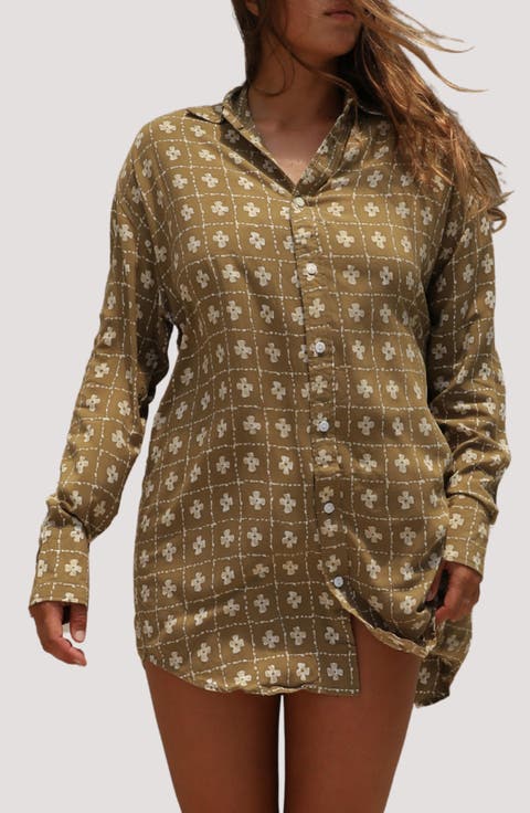 Print Long Sleeve Cover-Up Shirtdress