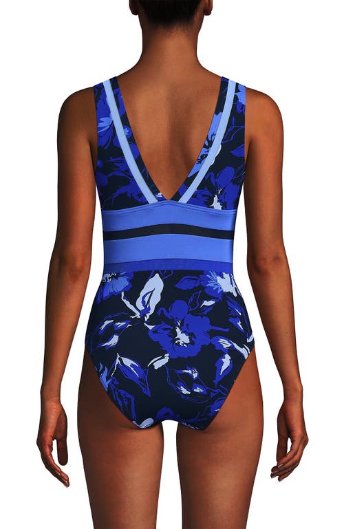 Lands' End Mesh Plunge High Leg One Piece Swimsuit In Blue Multi Abstract Floral