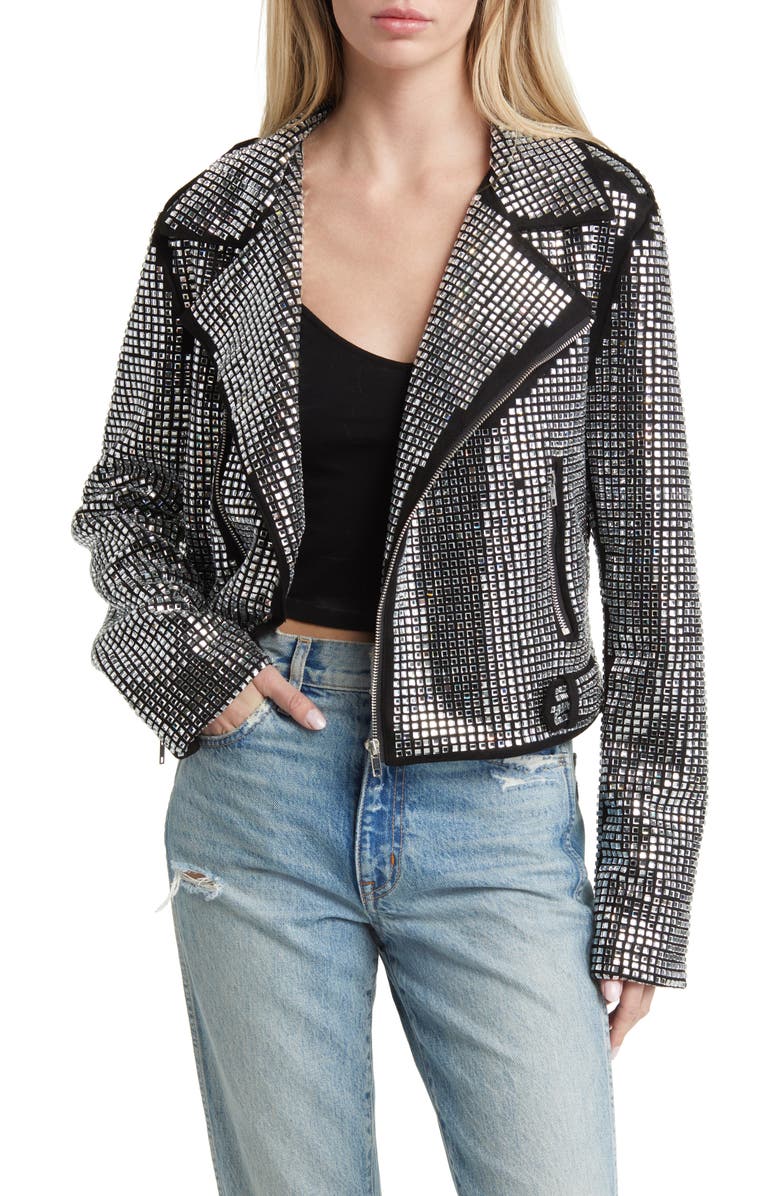 AZALEA WANG Rhinestone Moto Jacket, Main, color, Black