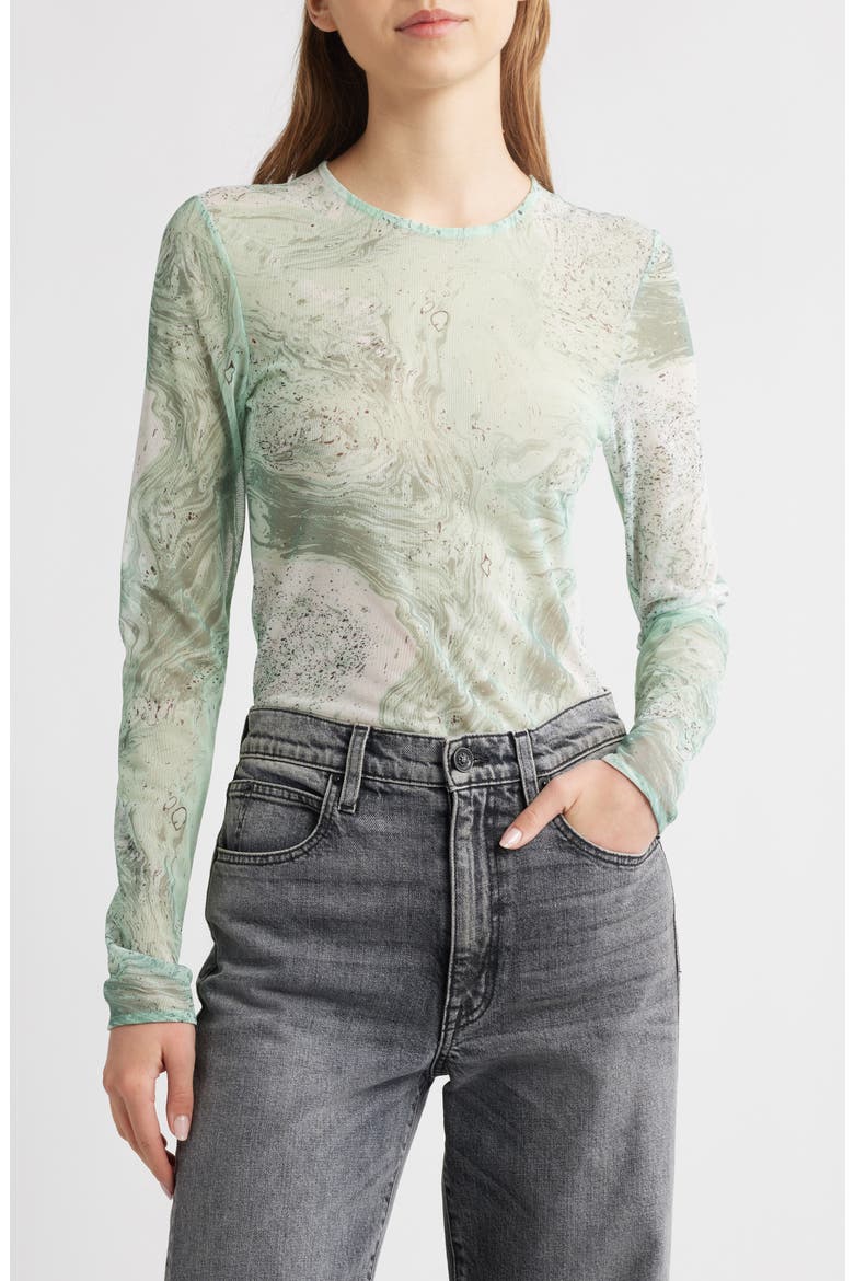 Marble Print Sheer Mesh Top, Main, color, GREEN MEDIUM DUSTY