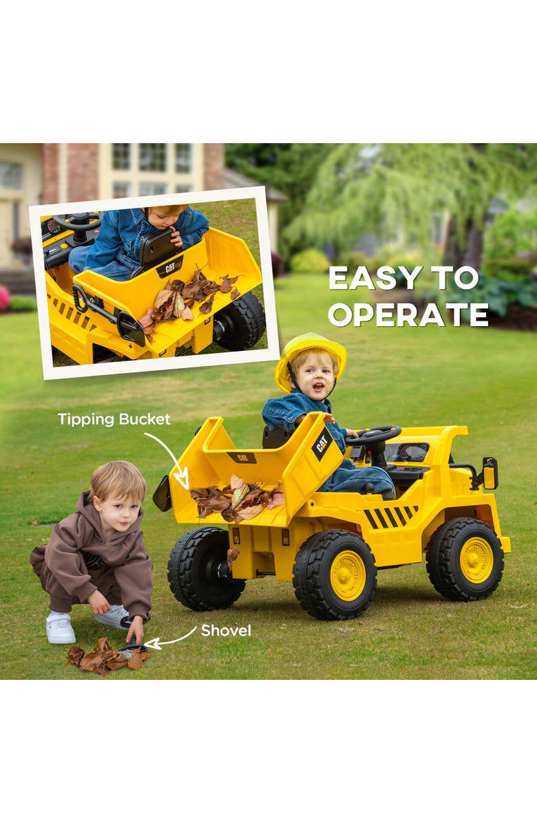 Qaba Caterpillar 12V Kids Excavator Ride on with Remote, Bucket, Shovel, Music, Loudspeaker, Alternate, color, Yellow