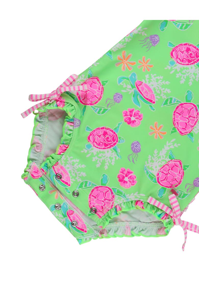 RuffleButts UPF50+ Sun Protected Neon Long Sleeve One Piece Rash Guard Swimsuit, with Signature Rear Ruffles, Alternate, color, Neon Turtle Tide