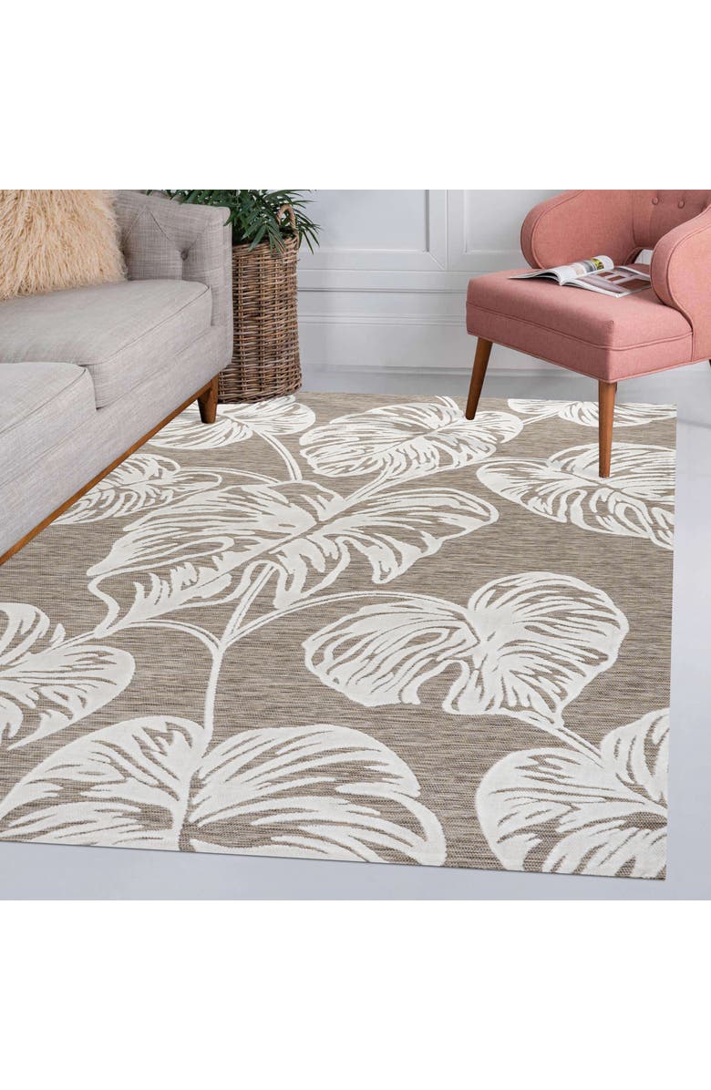 JONATHAN Y Tobago High-Low Two-Tone Monstera Leaf Indoor/Outdoor Area Rug, Alternate, color, Brown/Ivory