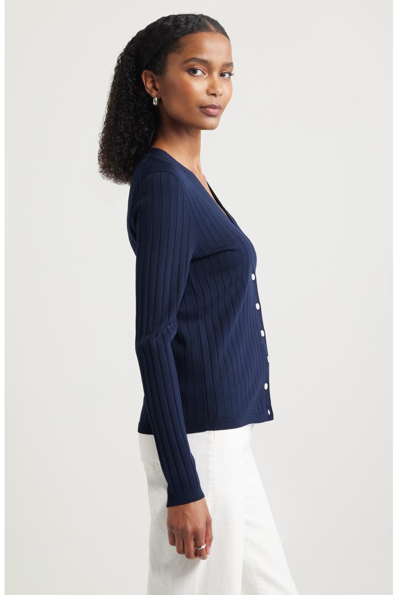 Fitted V-Neck Rib Cardigan, Alternate, color, NAVY NIGHT