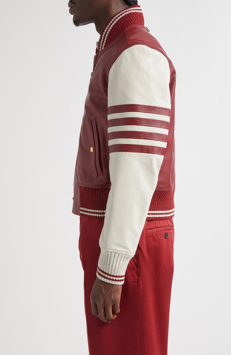 Thom Browne 4-Bar Leather Varsity Jacket, Alternate, color, Burgundy