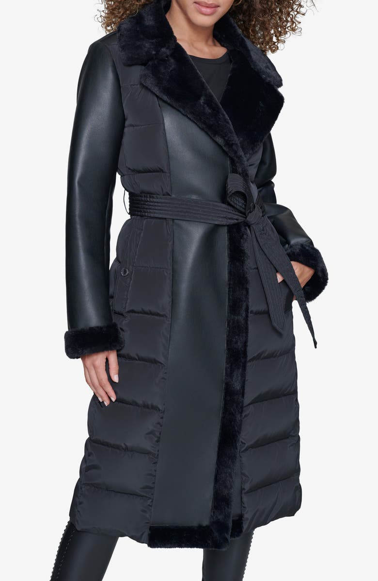 KARL LAGERFELD PARIS Faux Fur Trim Quilted Coat, Main, color, 