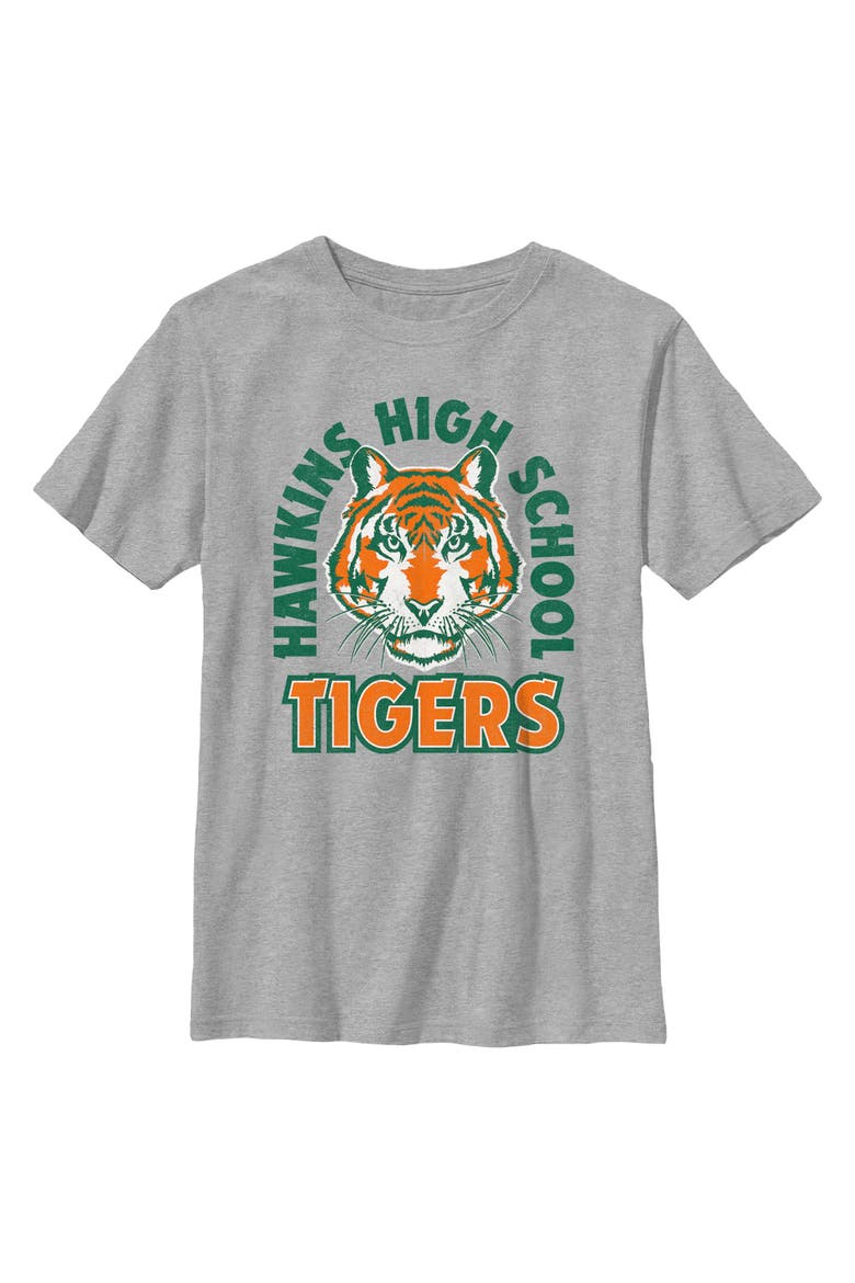 Boy's Stranger Things Hawkins Badge High School Tigers  Graphic T-Shirt, Main, color, Sport Grey