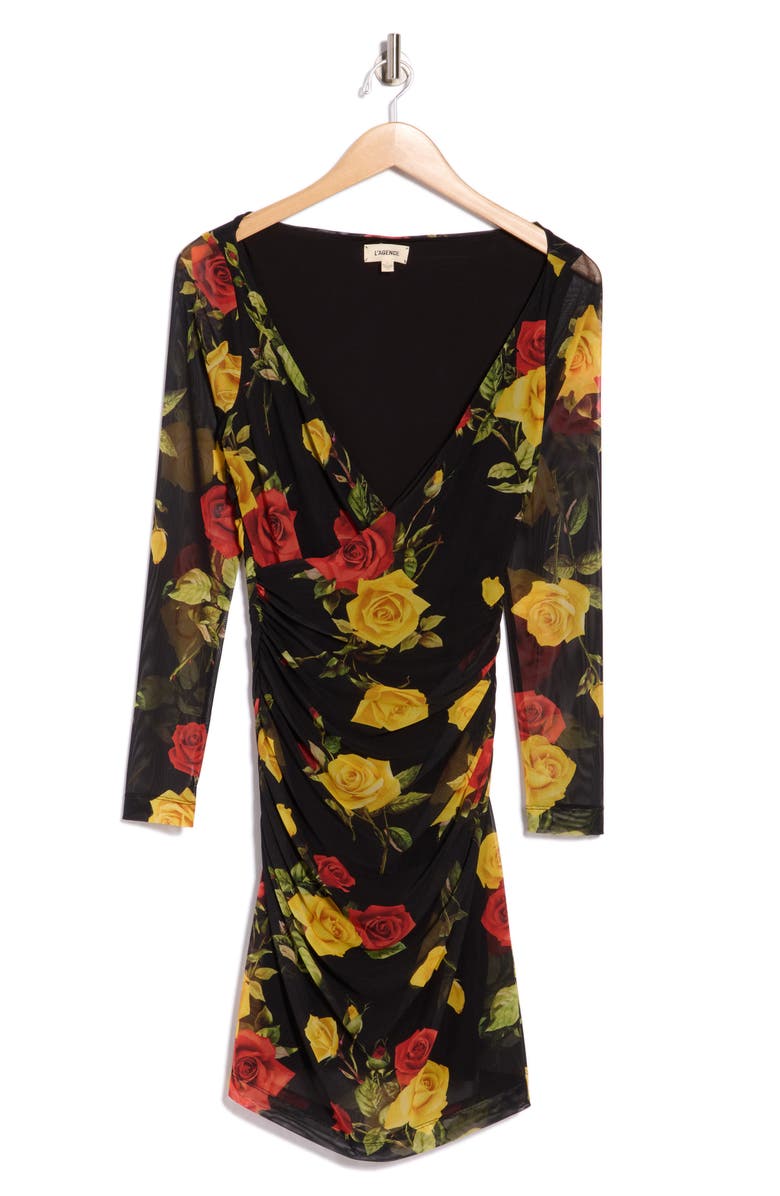 L'AGENCE Reiner Cross Front Minidress, Alternate, color, Black/Red/Yellow Romantic Rose