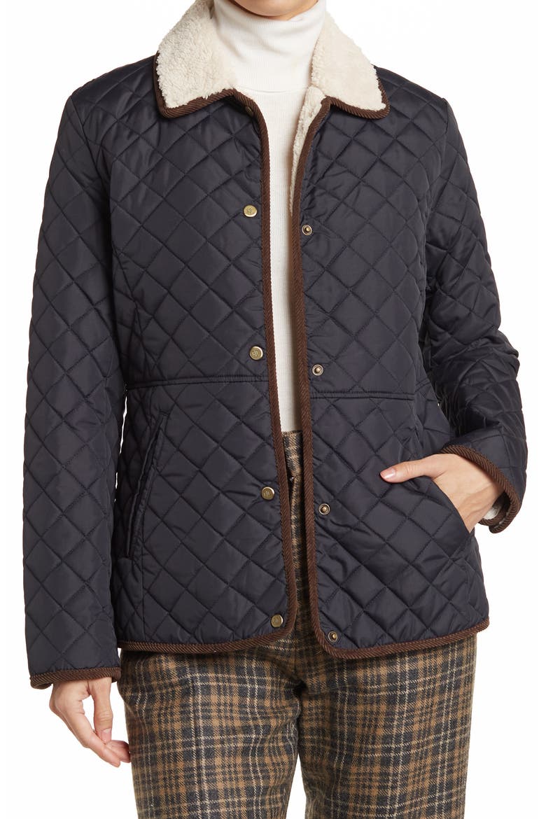Quilted Faux Shearling Collar Jacket, Main, color, DK NAVY