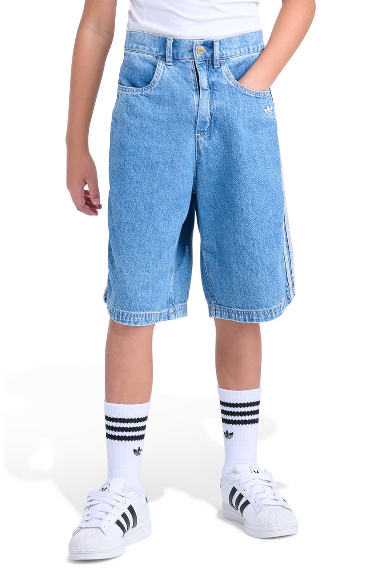 Kids' 3-Stripes Denim Shorts, Main, color, MEDIUM WASH DENIM