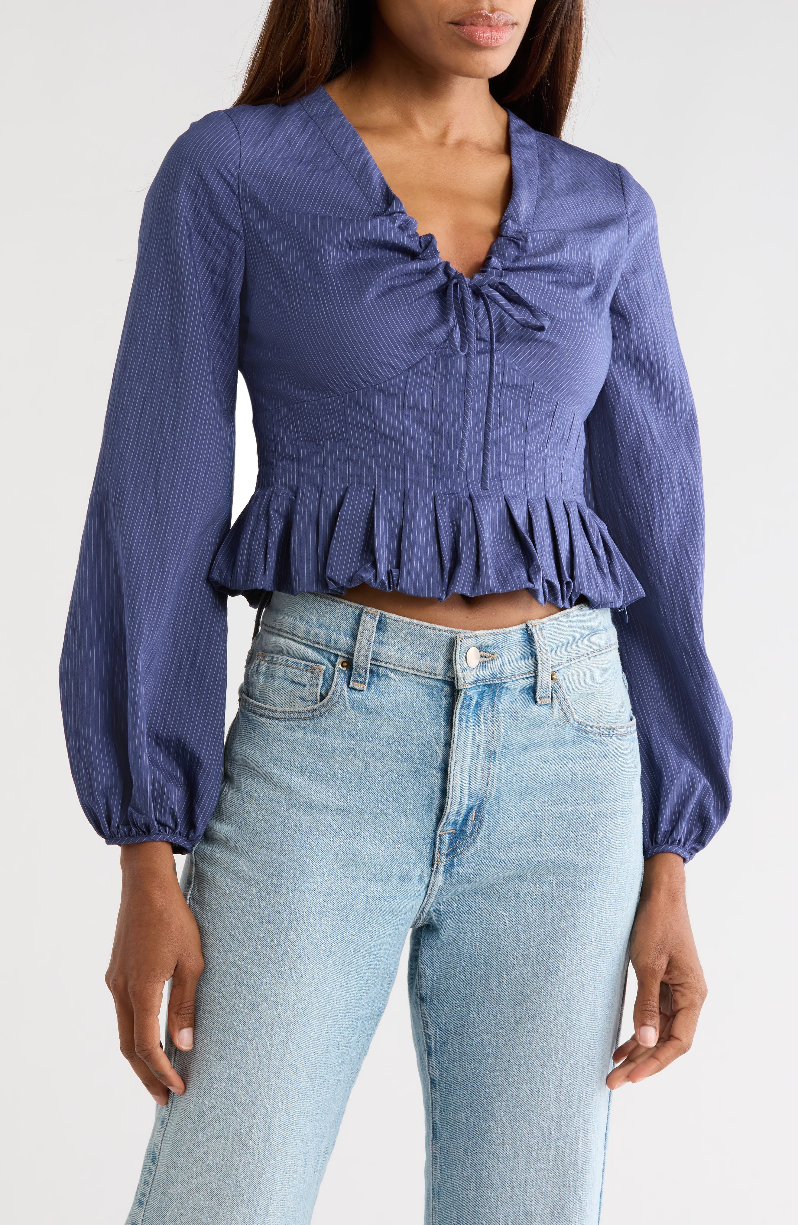 Allegra Stripe Long Sleeve Crop Peplum Top