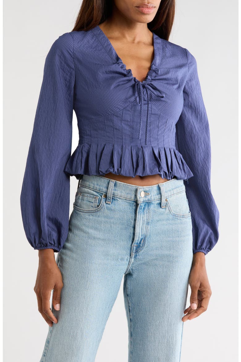 Allegra Stripe Long Sleeve Crop Peplum Top, Main, color, NAVY
