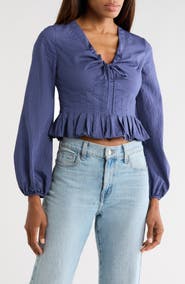 Rebecca Taylor Allegra Stripe Long Sleeve Crop Peplum Top