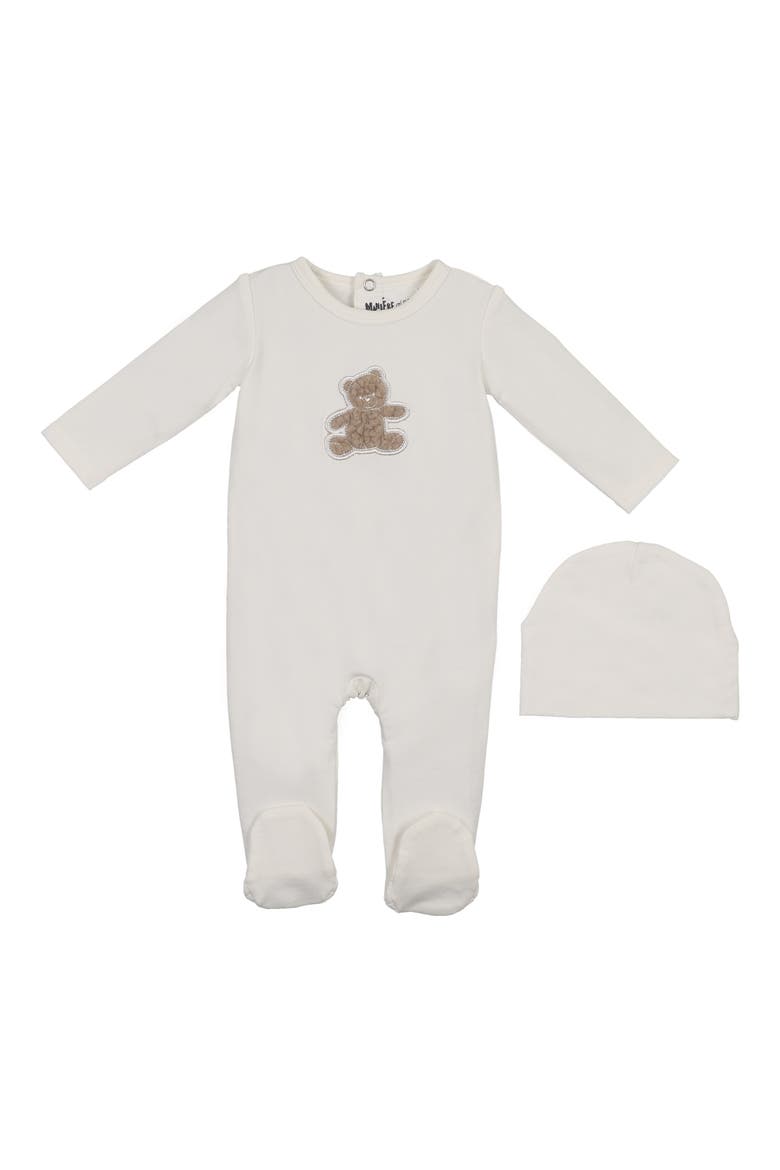 Bear Appliqué Footie & Beanie Set, Main, color, OFF WHITE