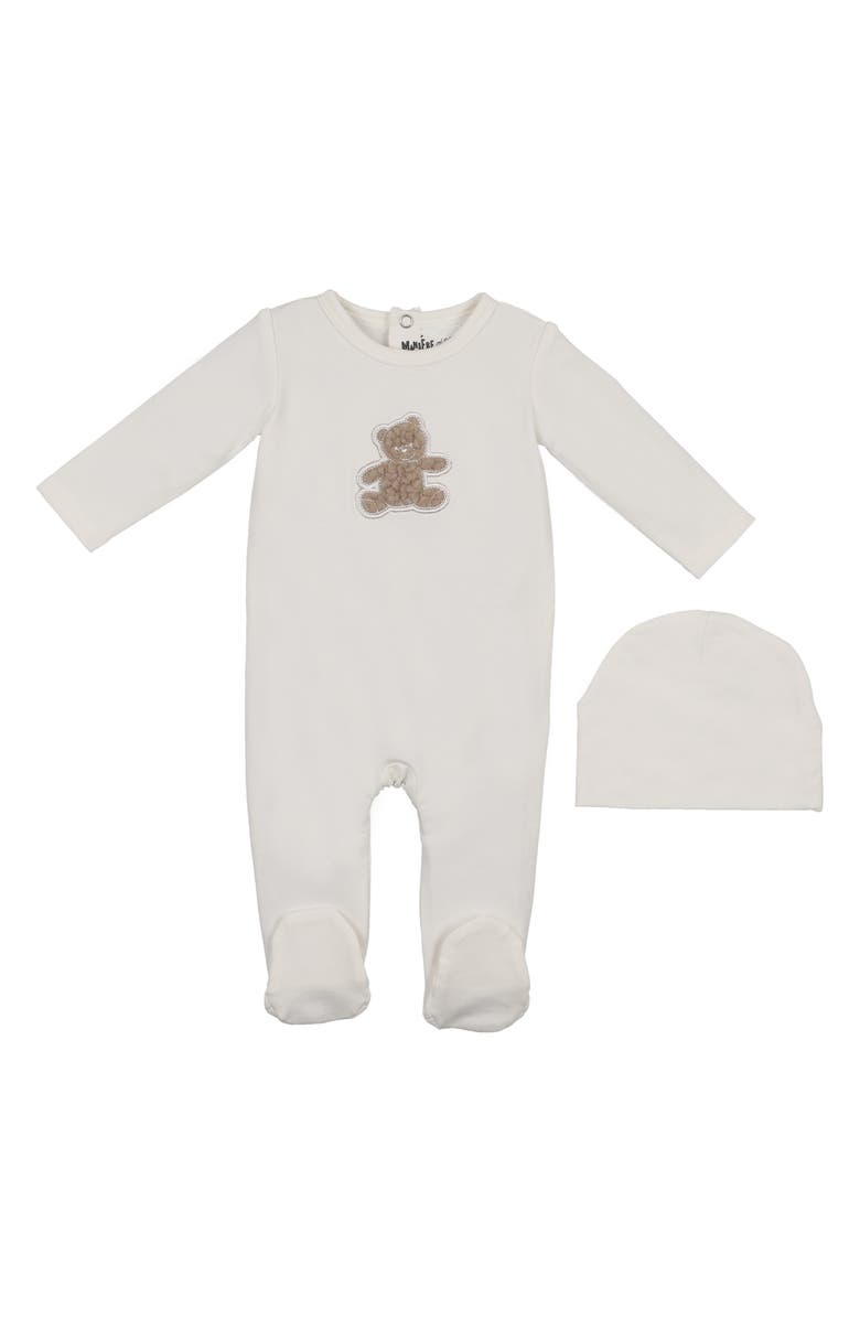 Manière Bear Appliqué Footie & Beanie Set, Main, color, Off White