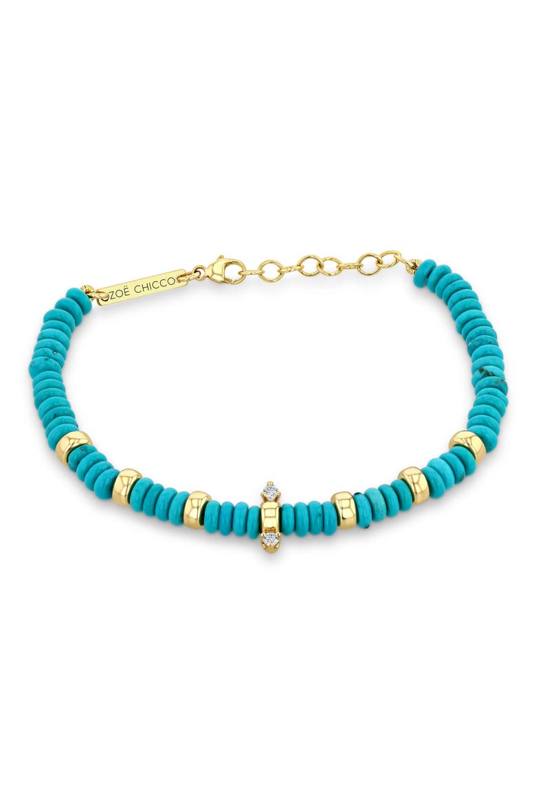 Turquoise & Rondelle Gold Bead Bracelet with Diamonds, Alternate, color, 14K YELLOW GOLD