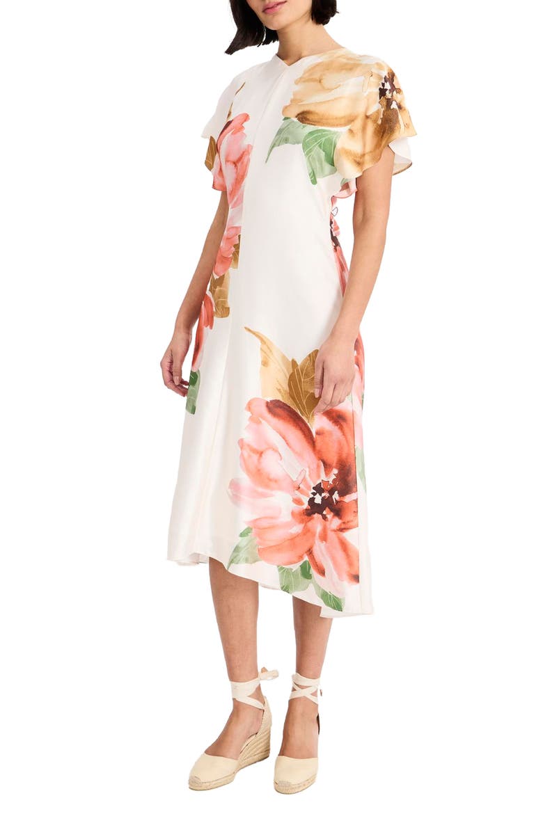 Floral Print Flutter Sleeve Midi Dress, Alternate, color, IVORY/ PERSIMMON