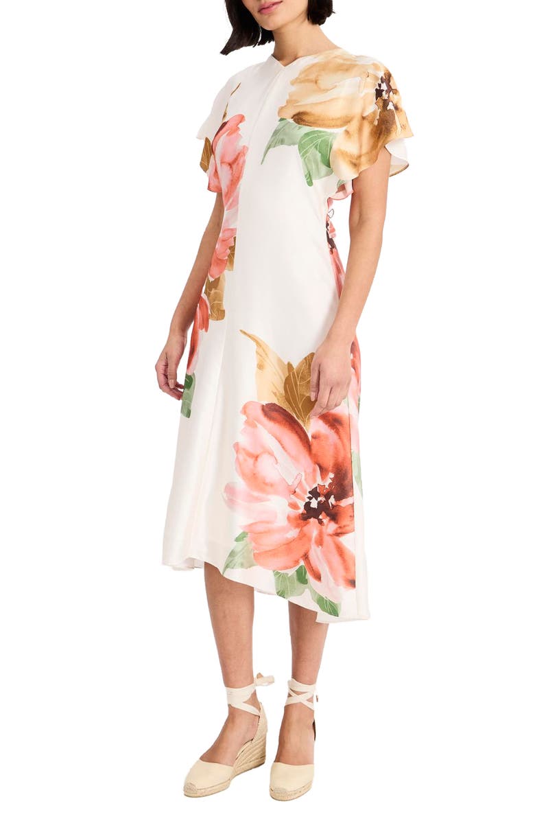 Maggy London Floral Print Flutter Sleeve Midi Dress, Alternate, color,