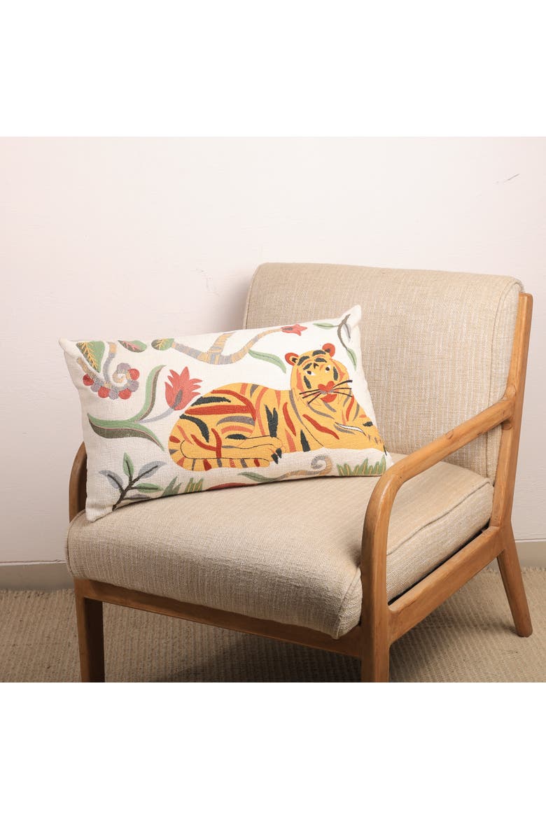 Floral Safari Tiger Pillow | Cotton Fabric, Alternate, color, White