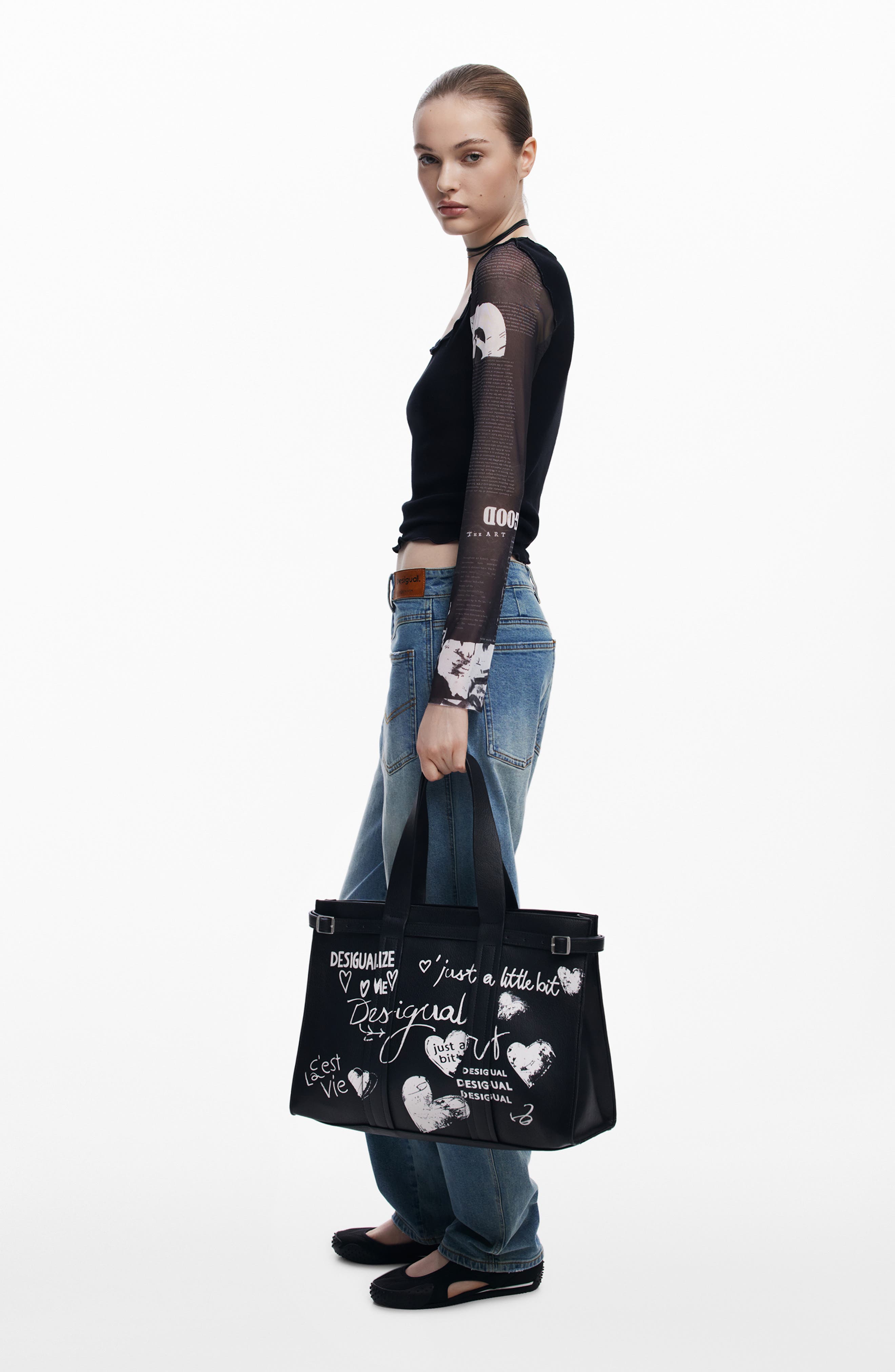 Desigual Faux Leather Tote, Alternate, color, Black