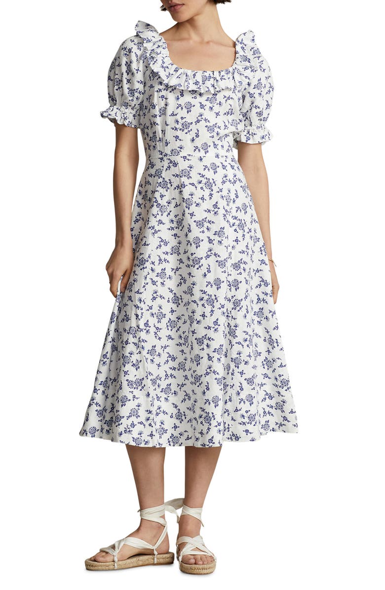 Polo Ralph Lauren Floral Print Ruffle Linen Dress, Main, color, 