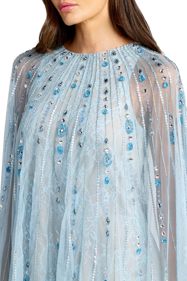Hand-Beaded Lace Trapeze Mini Dress with Sheer Cape Sleeves, Alternate, color, Powder Blue Nude