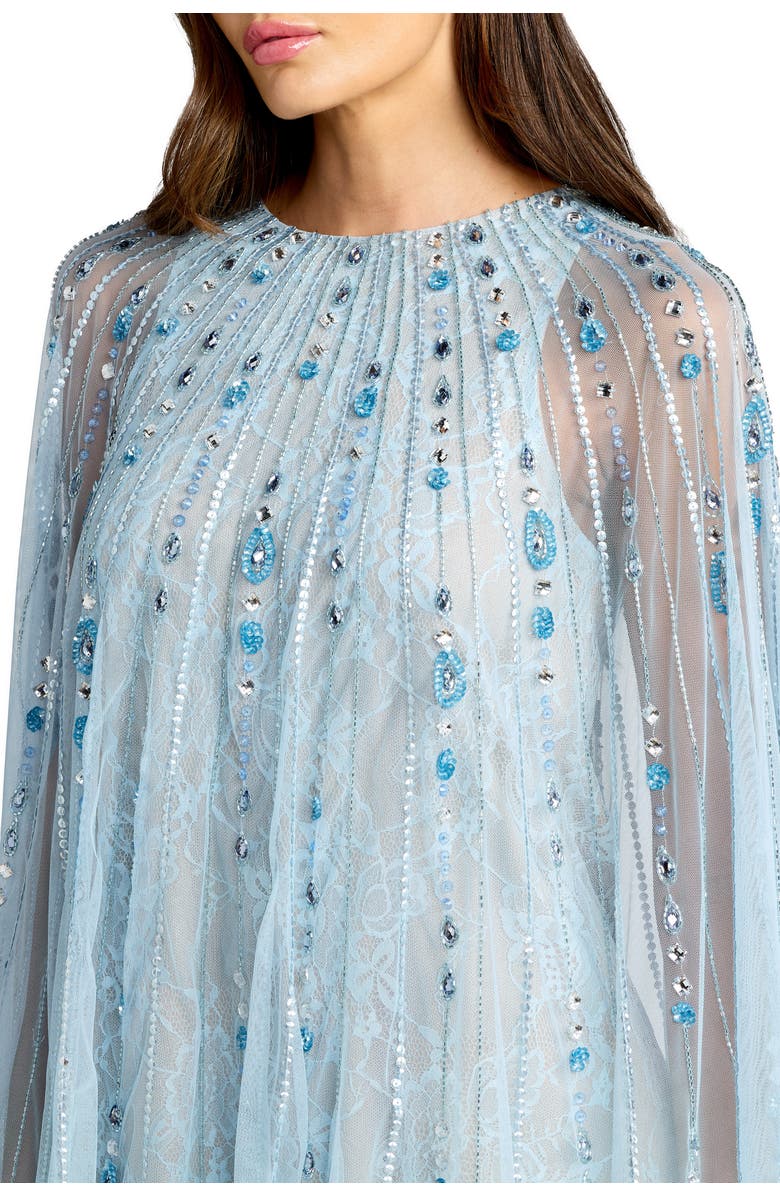Mac Duggal Hand-Beaded Lace Trapeze Mini Dress with Sheer Cape Sleeves, Alternate, color, Powder Blue Nude