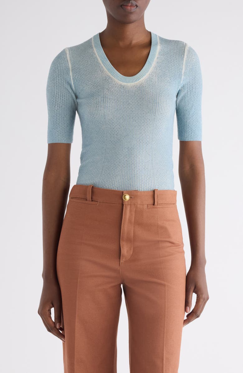 Chloé Pointelle Stitch Short Sleeve Merino Wool Blend Sweater, Main, color, Cloudless Blue