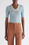 Chloé Pointelle Stitch Short Sleeve Merino Wool Blend Sweater