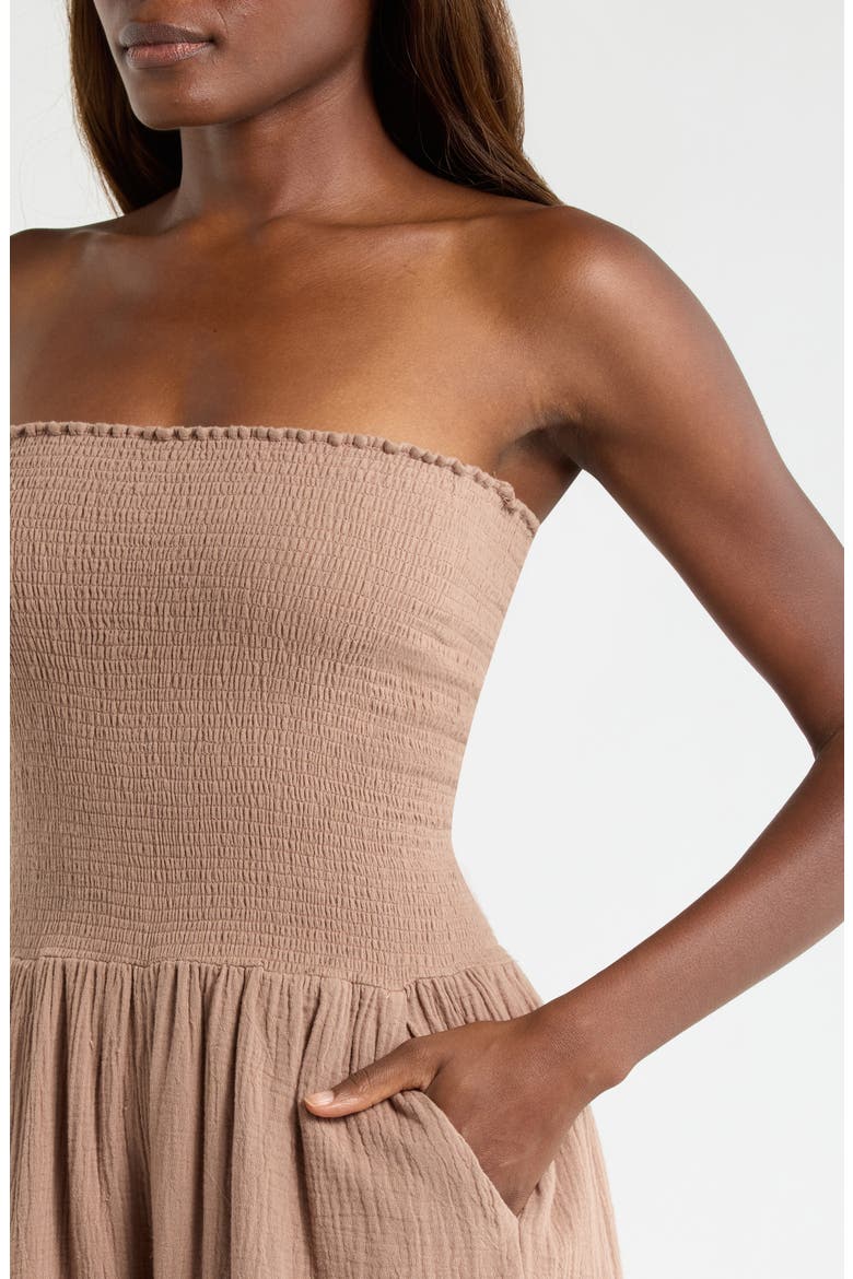 Strapless Smocked Bodice Cotton Gauze Cover-Up Jumpsuit, Alternate, color, TAUPE
