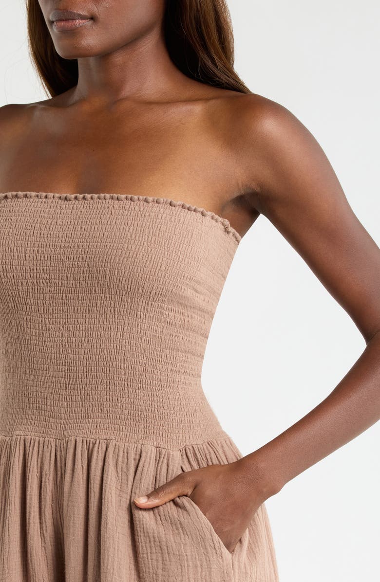 Elan Strapless Smocked Bodice Cotton Gauze Cover-Up Jumpsuit, Alternate, color, Taupe