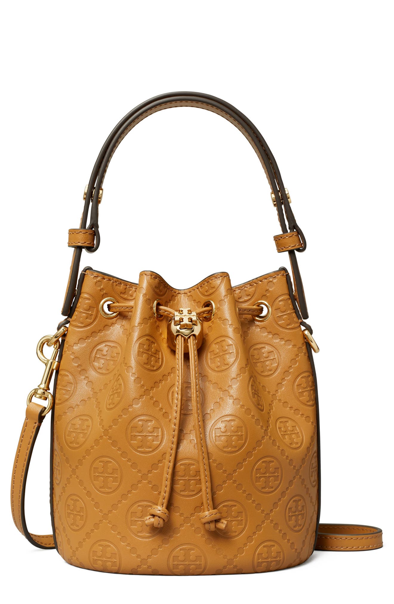 Tory Burch Mini T Monogram Debossed Bucket Bag, Main, color, Tan