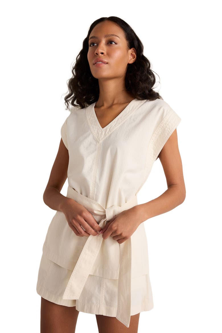 Cotton Ecru Denim V-Neck Belted Top, Main, color, Ecru