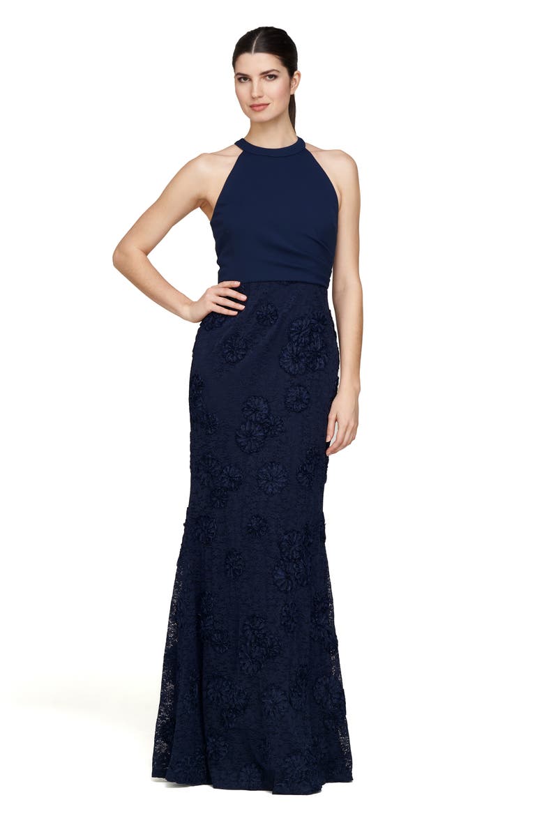 Britney Sleeveless Halter Evening Gown, Alternate, color, DEEP NAVY