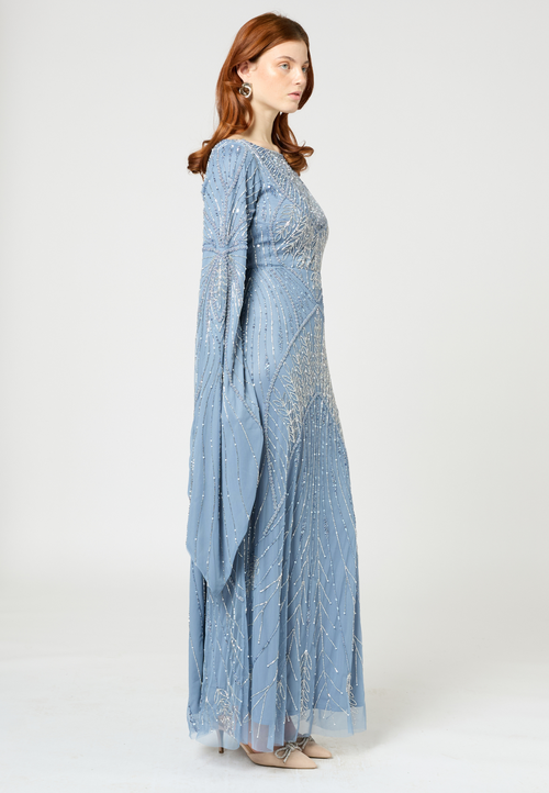 Maryisa Modest Embellished Sequin Beaded Maxi Dress With Long Sleeves