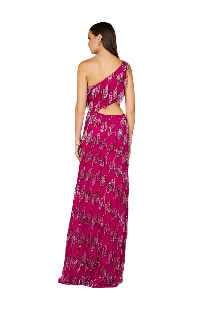 LARA New York One Shoulder Fringe Gown, Alternate, color, Raspberry