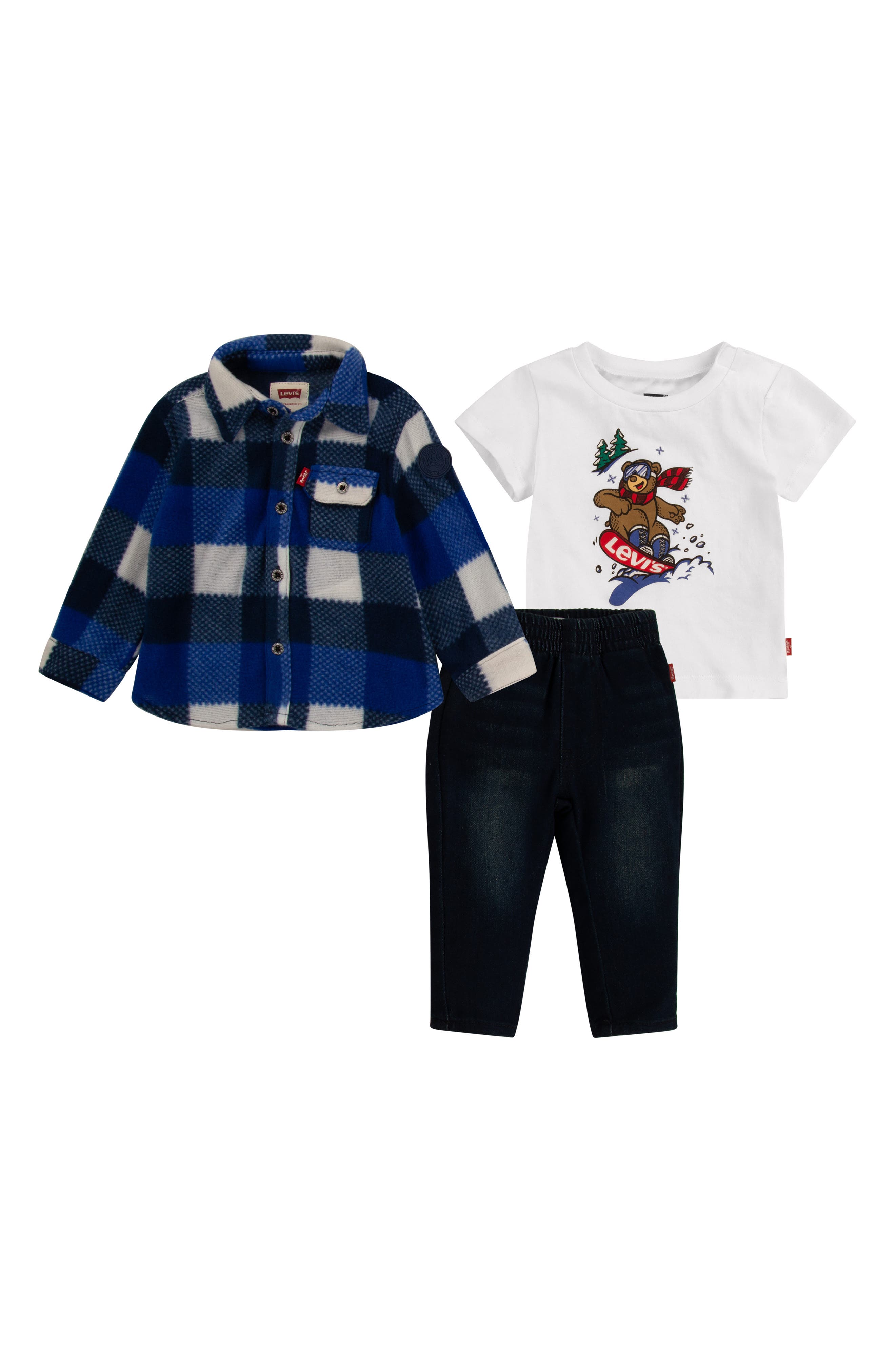 Levi's Graphic T-Shirt, Fleece Plaid Shacket & Pull-On Jeans