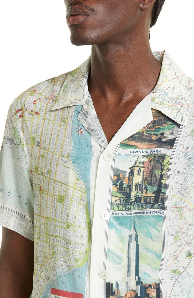 Bode New York City Map Short Sleeve Silk Button-Up Shirt, Alternate, color,
