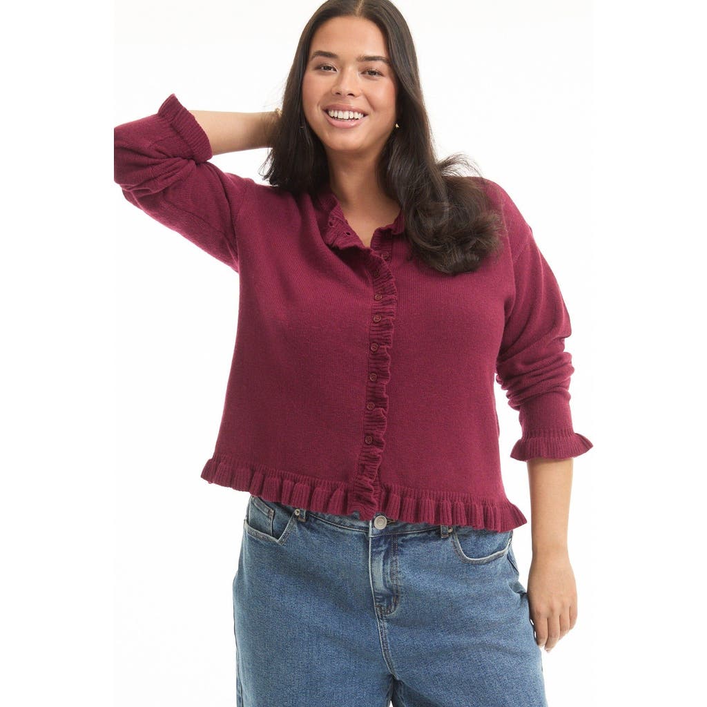 June + Vie Ruffle Hem Buttoned Sweater In Burgundy