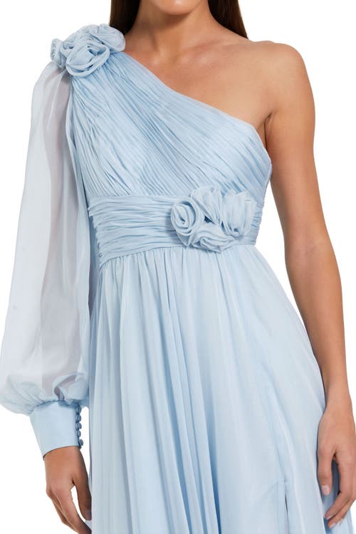 Mac Duggal One Sleeve Chiffon Gown With 3d Flowers In Powder Blue