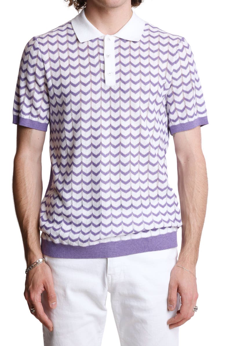 PAISLEY & GRAY Chevron Open Knit Polo, Main, color, White & Lilac Zig Zag