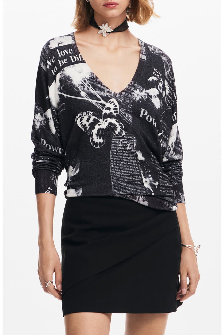 Kawartha Lakes Print V-Neck Sweater, Main, color, BLACK