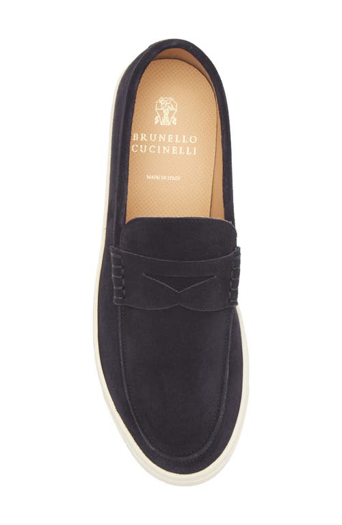 Brunello Cucinelli Suede Moccasin-style Sneakers With Diamond Cut Mask In C8144 Dark Blue
