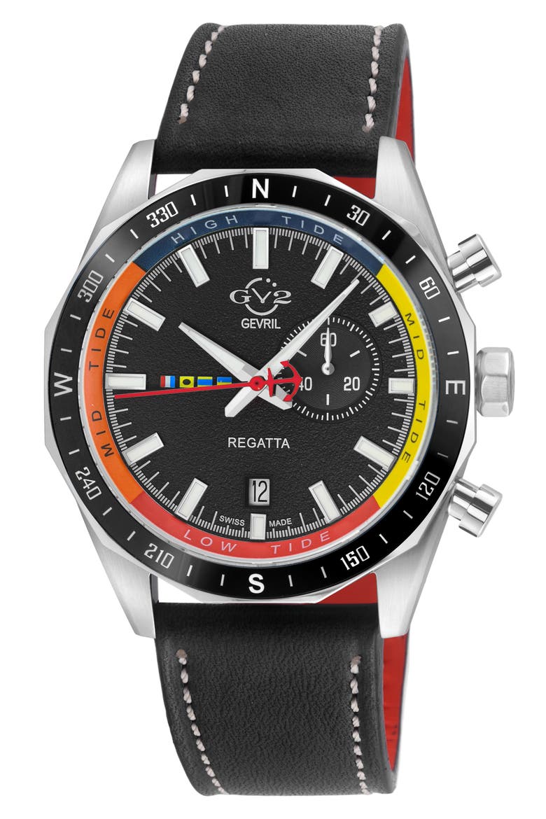 Regatta Stainless Steel Swiss Quartz Leather Strap Watch, 42mm, Main, color, BLACK