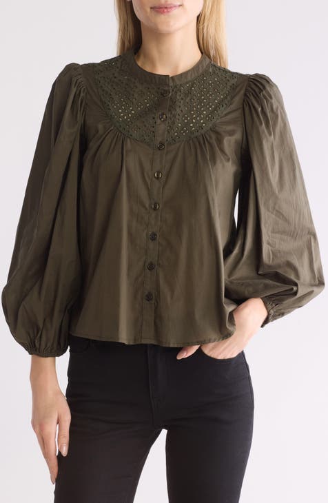 Embroidered Eyelet Long Sleeve Button-Up Top