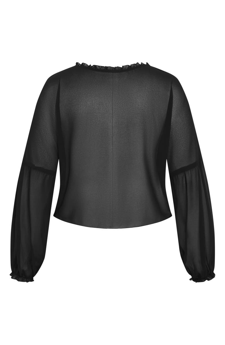 City Chic Corina Ruffle Trim Sheer Tie Neck Top, Alternate, color, Black